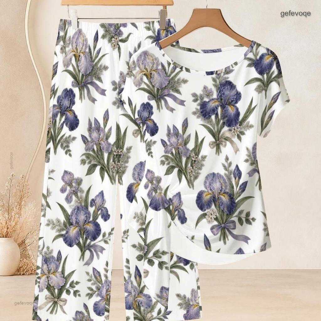 Women Plus Size Round Neck Short Sleeve Floral Printed Knot Hem Top Long Pants Two Piece Set