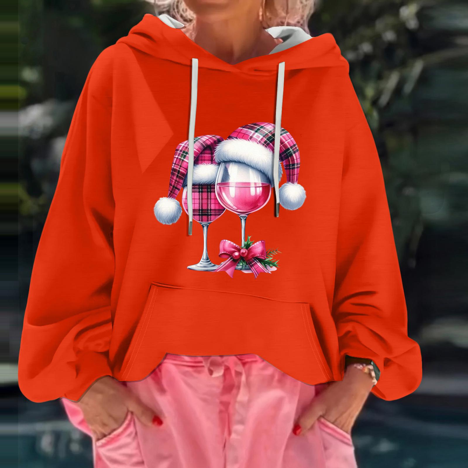 

Женский рождественский принт, свободный повседневный худи с длинным рукавом и капюшоном XL киноварь