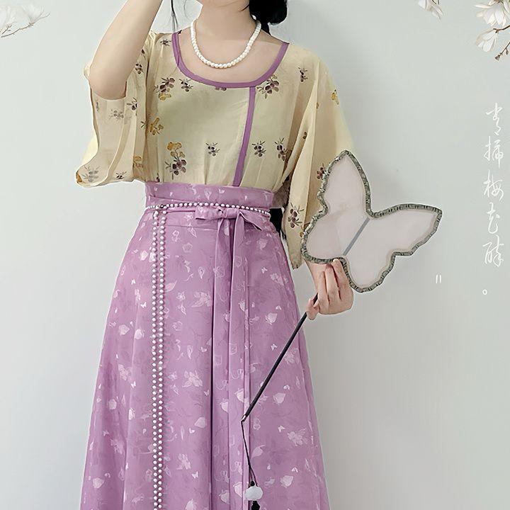 Chinese Song Dynasty Style Hanfu For Women, Printed Improved Crew Neck Shirt And One-piece Skirt Daily Suit