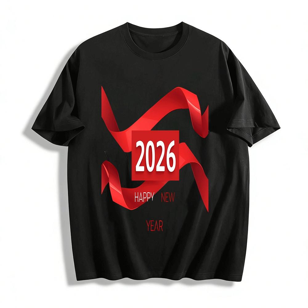 2026 Happy New Year Red Ribbon Print Casual Top Festive Wear Pure cotton T-shirt XXS