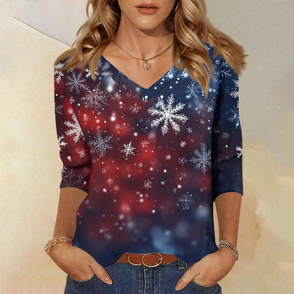 Women's T Shirt CHristmas Print 3/4 Sleeve Daily Weekend Fashion Basic V- Neck Regular Top