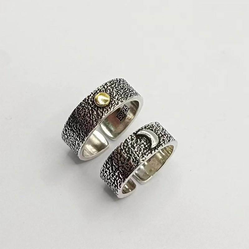Handmade Vintage Sun Moon Couple Ring Set Adjustable Open Band Men Women Geometric Retro Jewelry