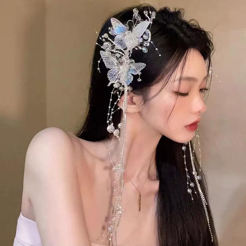 Long Crystal Butterfly Bead Tassel Hair Clips for Women Shiny Luxury Headwear Side Bangs Double Ponytails Photos Accessory Gift