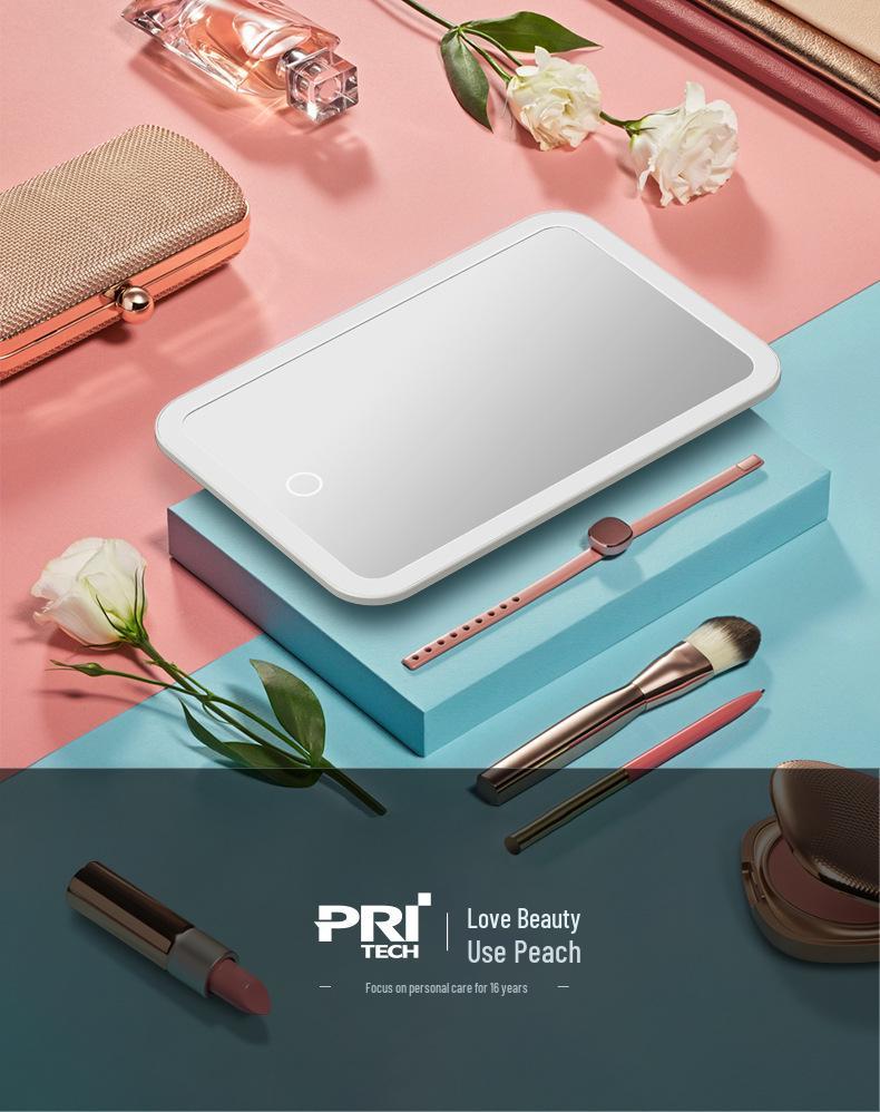 Peach LED Makeup Mirror with Intelligent Touch Dimming, HD Lighting, and Rechargeable Function.
