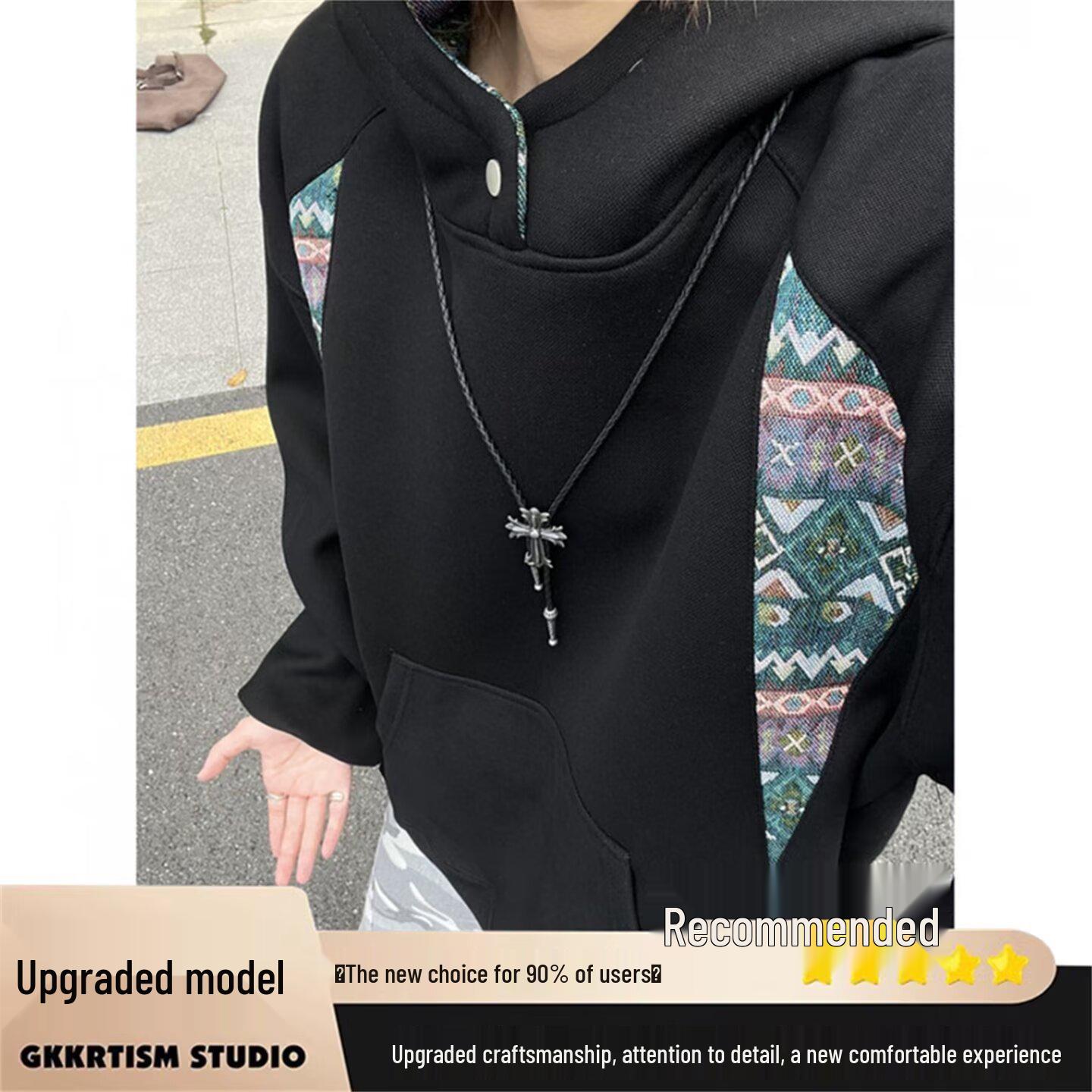 

Американська ретро-худі в етнічному стилі, плітка - Білий/Сірий, Оверсайз, Повсякденна, Довгий рукав, для Осені/Зими XL