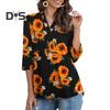 Women Shirt V-neck 3/4 Roll-Up Sleeves Lightweight Tops Flower Print Flowy Hem Tunic Tops Daily Wear