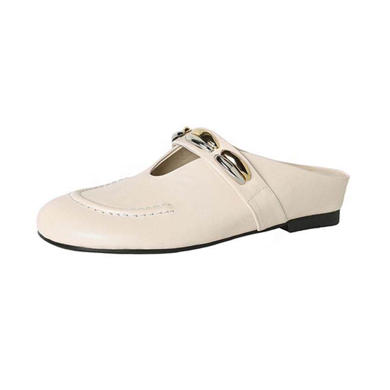 Fashion Women's New Summer Leather with Increased Height Metal Belt Buckle, Middle Heel and Toe Cover, M Ü Ller Slippers