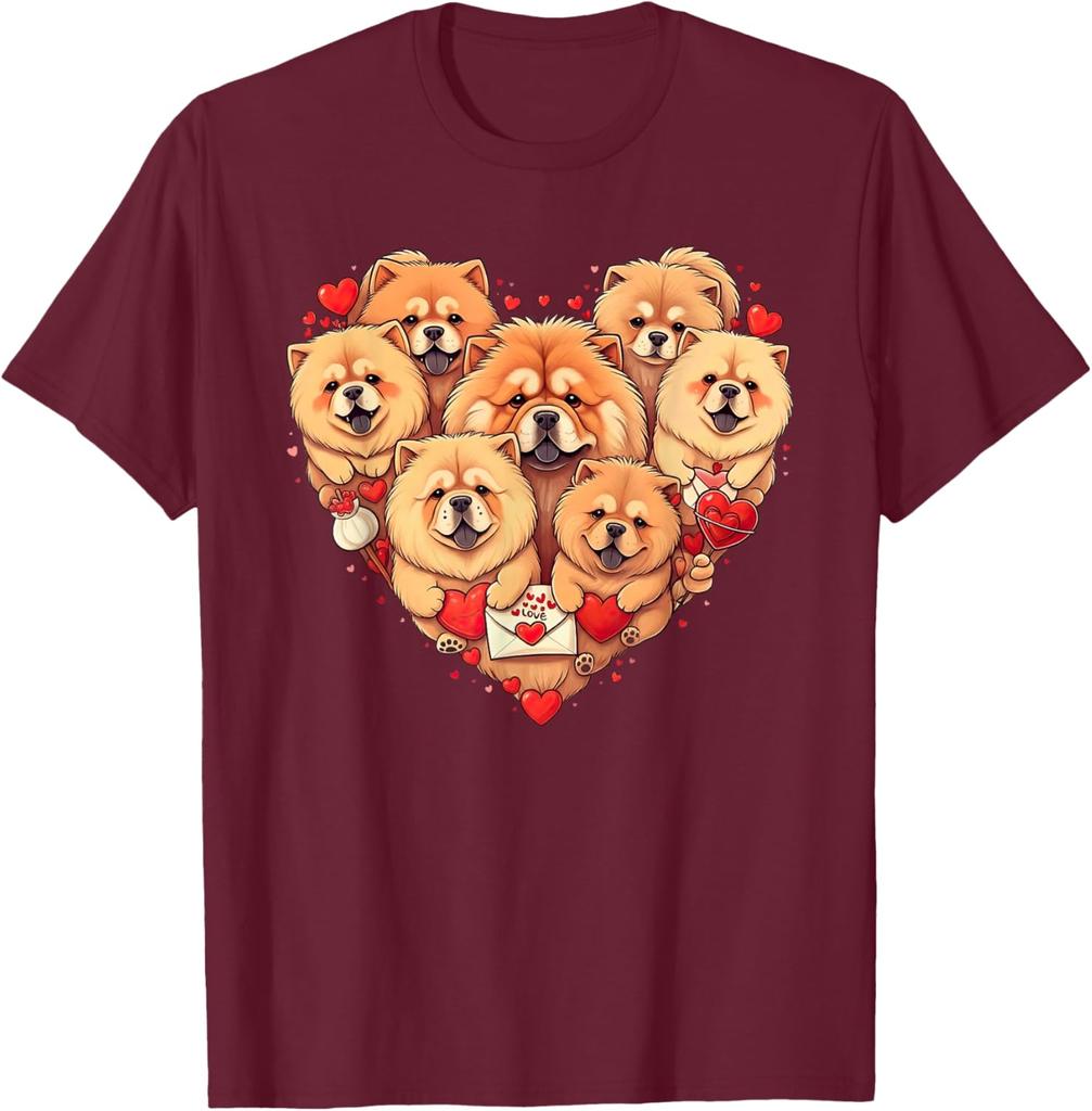 Chow Chow Heart Valentine Dogs Graphic Tee Short Sleeve Crewneck Casual Cotton T-Shirt for Men Women