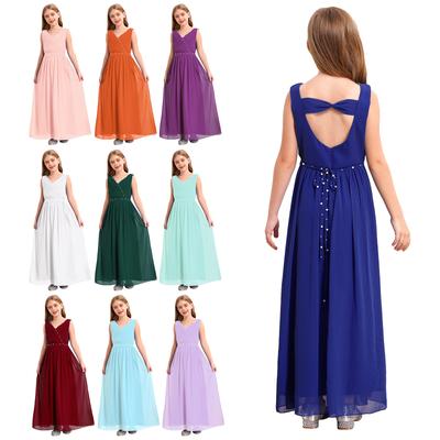 Barn Jenter Sommer Bryllup Bursdagsfest Kjole Ermeløs Ruched Beaded Chiffon Brudepike Maxikjole