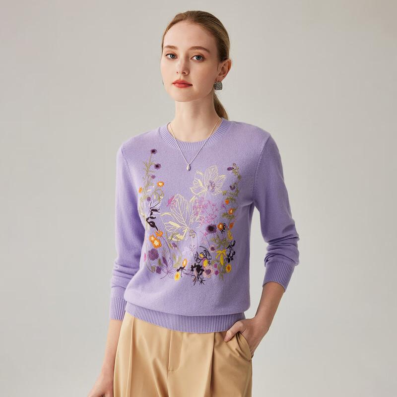 Women's 100% Cashmere Embroidered Round Neck Sweater