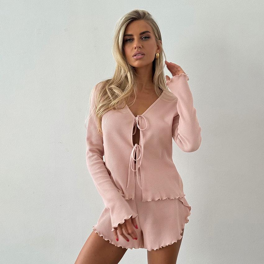2024 Summer Sexy Cardigan & Knitted Long Sleeve Shorts Women's Soft Pajama Set