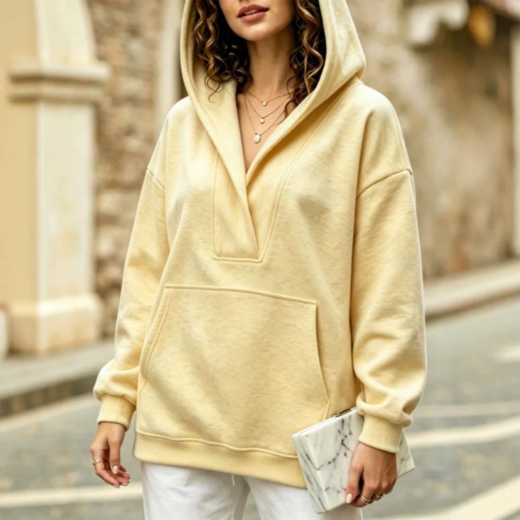 Felpa da donna casual con cappuccio e scollo a V, vestibilità larga