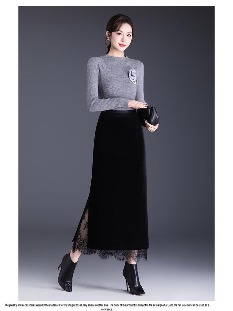 Lace-Trimmed High-Waist Slimming Midi Pencil Skirt with Slit (Winter 2025)