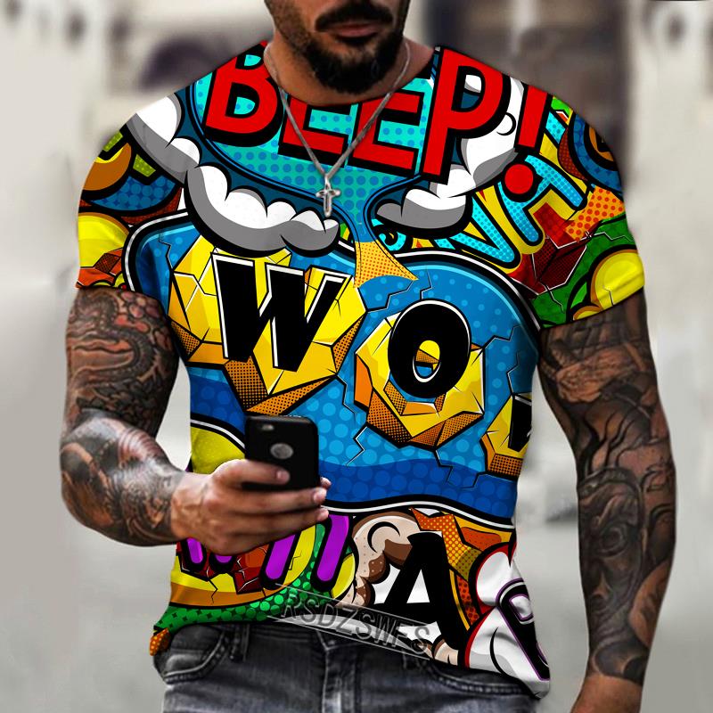 Summer Round Neck 3D Graffiti Explosive Element Print Top Fashionable Casual Short Sleeved Men's T-shirts