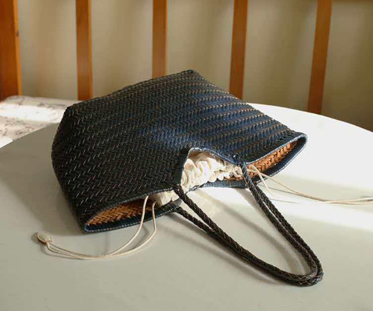 Vintage European & American Genuine Leather Handmade Herringbone Woven Handbag Basket