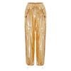 Shiny Metallic Cargo Pants for Women Elastic Waistband with Ruffle Trim Multiple Pockets Jogger Style for Hip Hop Music Stage Outfit