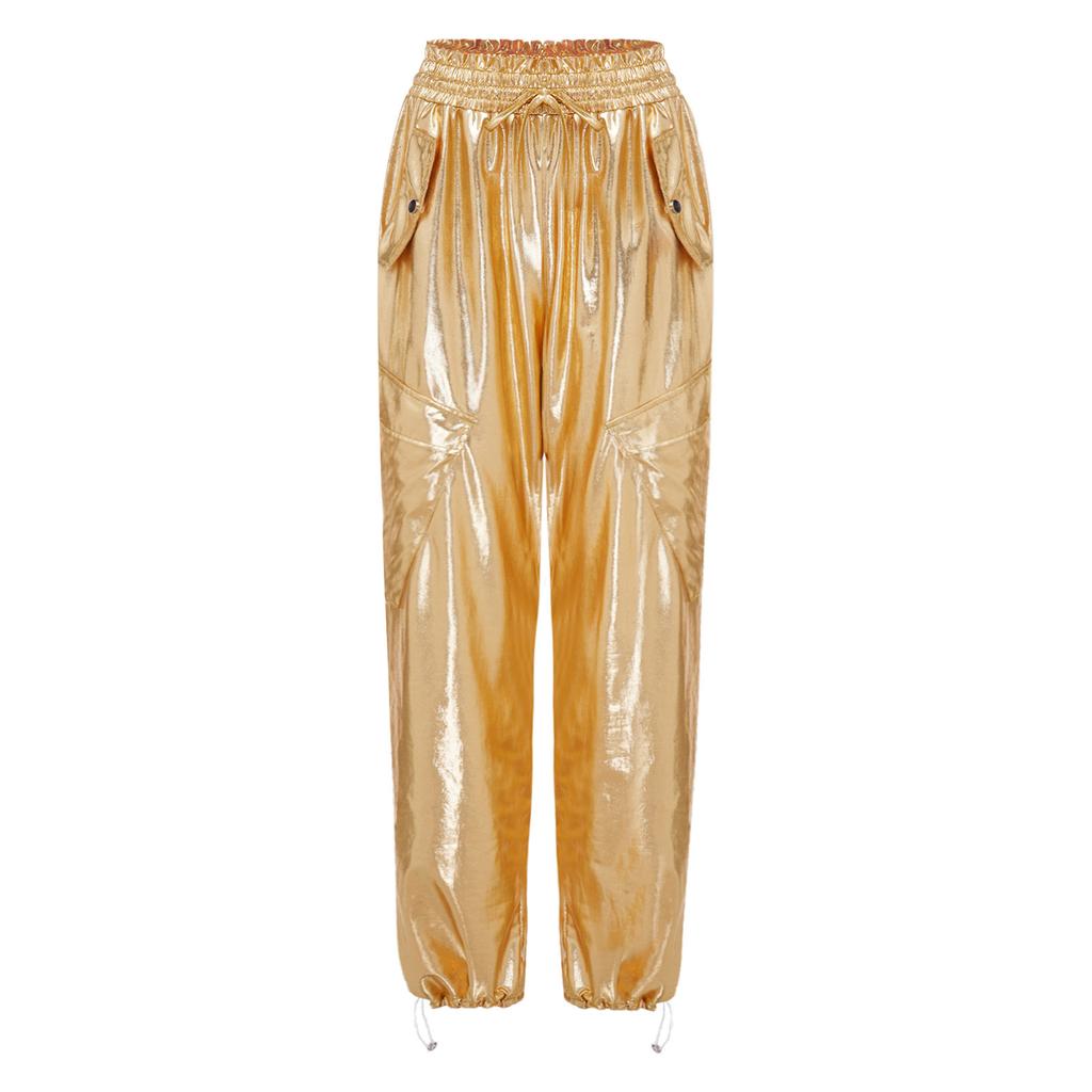 Shiny Metallic Cargo Pants for Women Elastic Waistband with Ruffle Trim Multiple Pockets Jogger Style for Hip Hop Music Stage Outfit