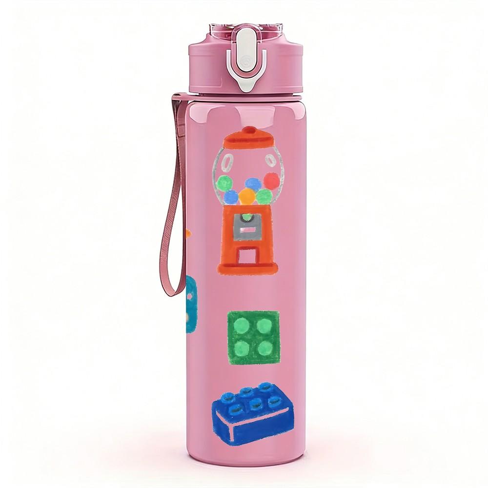1PC Colorful Daily Life Cartoon Pattern 750ml Color Plastic Sports Water Bottle Leakproof Flip Straw Lid Suitable for Sports Office Home Use