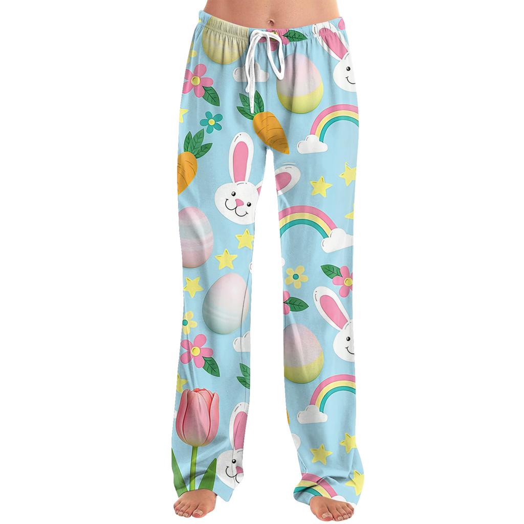 Pantaloni casual da donna alla moda, larghi, casual, con stampa di cartoni animati di Pasqua