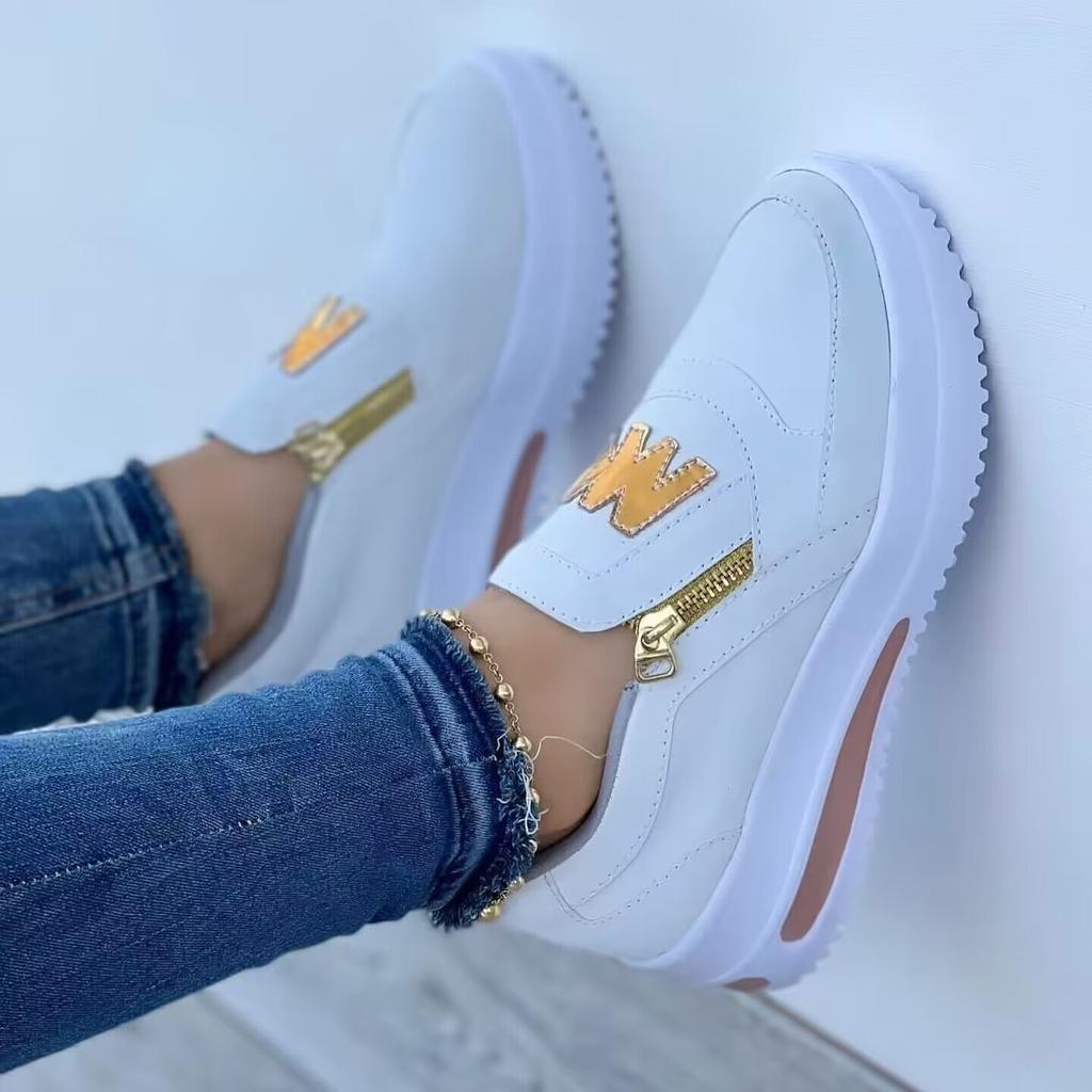 Autumn 2025 New Large Size Sports Zipper Women's Single Shoes Flat Sole Solid Color Women's Casual Sports Shoes