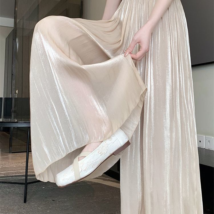 Ledově hedvábný šifonové široké kalhoty dámské letní tenké s vysokým pasem zeštíhlující volné ležérní devítidélkové splývavé plisované culottes