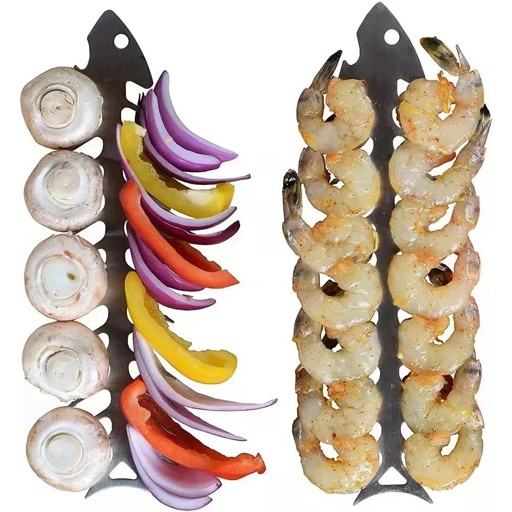 2/4pcs Stainless Steel Barbecue Skewers Fish Bone Skewers Meat-piercing Tool BBQ Utensils BBQ Grill BBQ Net Grill Accessories