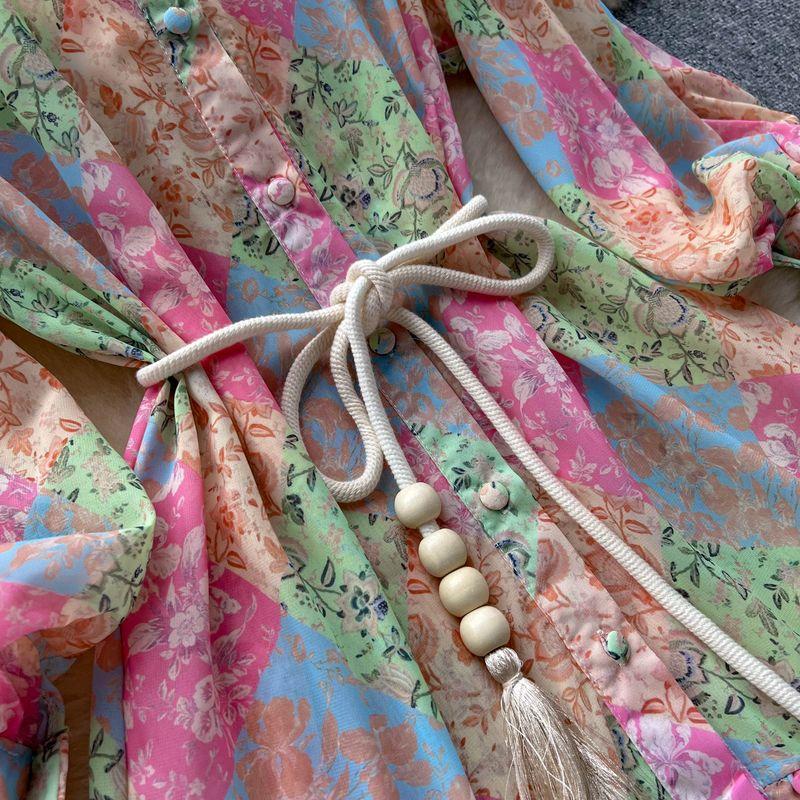 Thin Long Sleeves Loose Lace-up Waist-Tight Chiffon Dress