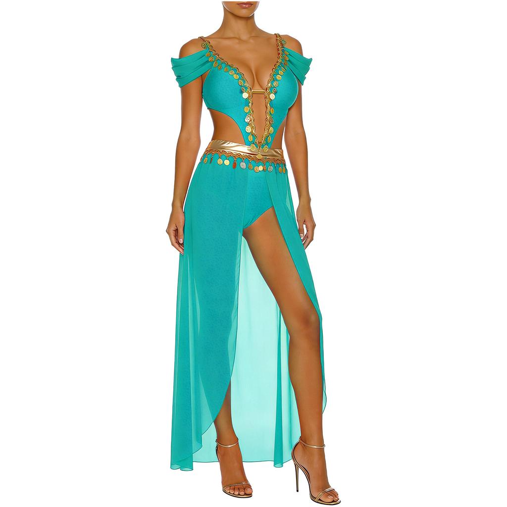 Ladies India Dance Costume S-3XL Sequin Tassel Bodysuit Dress V Neck Cutout Open Front Chiffon Hem with Built-in Shorts for Belly Dance