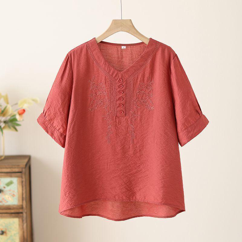 

Women s Tencel Linen Embroidered Short-Sleeve Top & Pants Set - Summer Style for Middle-Aged Moms. XL 90-105 lbs