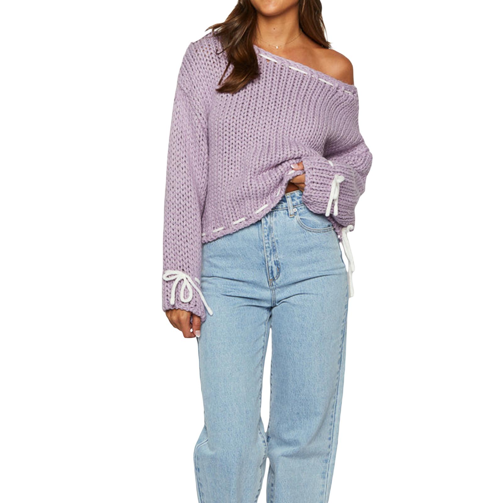 

Женский свитер весна-осень с длинным рукавом и завязками, свободный свитер, трикотаж L фиолетовый