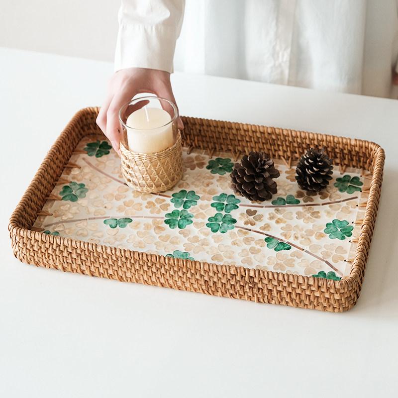Rattan Storage Basket Colorful Shell Patterns Square Tray Desktop Storage Container Fruit Platter Wicker Basket Organizer