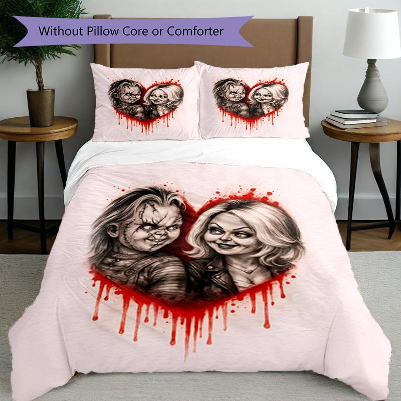 3pcs Duvet Cover Set (1*Duvet Cover + 2*Pillowcase, Without Core), Bride of Chucky Print Bedding Set, Bedroom Decor, All‑Season, Birthday Gift