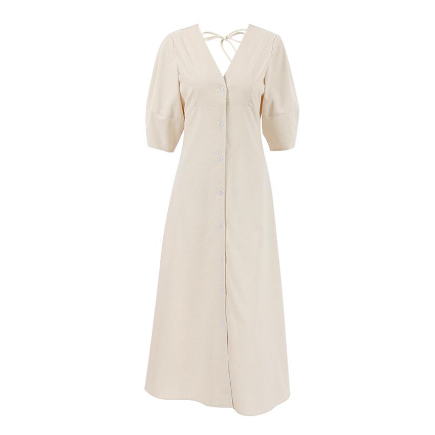 European and American Casual Loose Cotton and Linen Dress Women's Summer Vacation Style Ramie Bubble Sleeve V-neck A-shaped Skirt Beige Long Dress