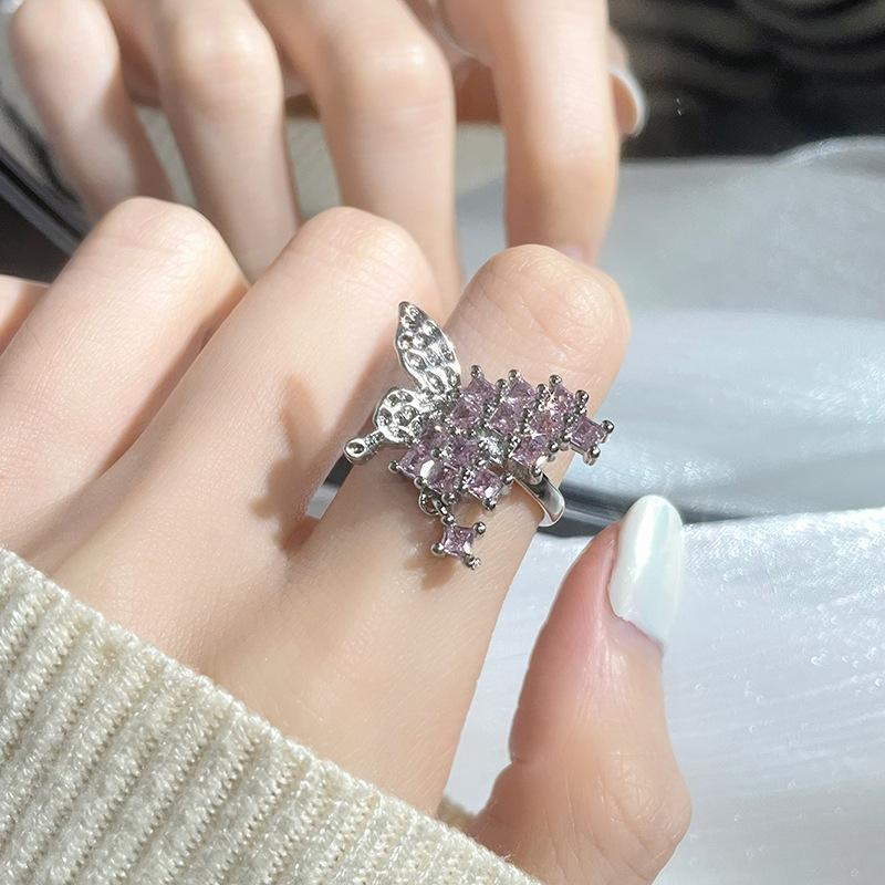 [Butterfly Jewelry] Oil Dripping Butterfly Open Ring Full Of Diamonds Zircon Fashion French High Sense Ring