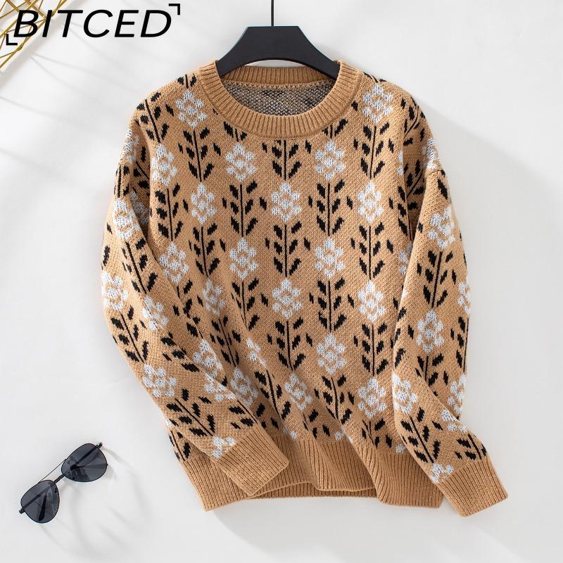 

BITCED Женский свитер пуловер с цветочным жаккардом на осень/зиму, модный, универсальный, с длинными рукавами, вязаный топ XL верблюд