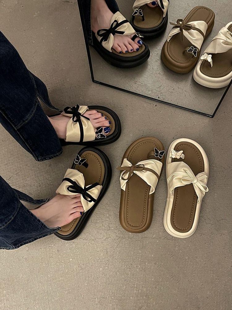 Sandals Black Shoes for Women on Beach Platform Slides Open Toe with Bow Woman Slippers Clappers Summer Footwear 2025 Trend Sale