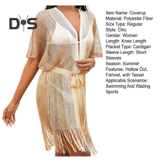 Damen-Strandkleid, ausgehöhltes Netz, Schnürriemen, Strandmode mit Quaste, Farbverlauf, Überzug, langärmelig, Sonnenschutz, Damen-Bikini-Badeanzug