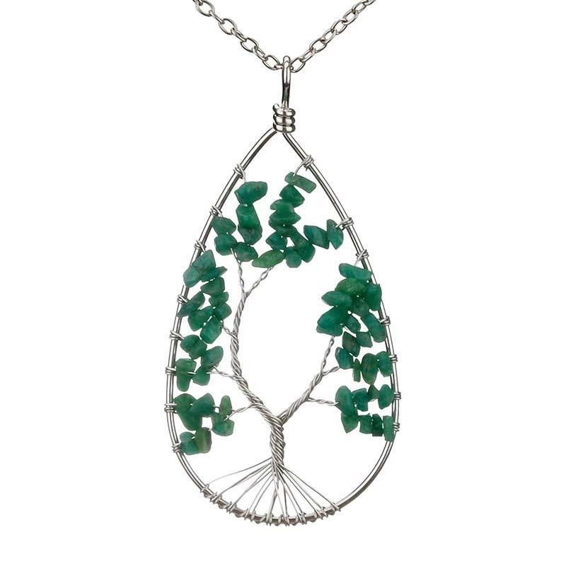 Silver Tree of Life Necklace with Seven-Color Natural Stone and Crystal Water Drop Pendant