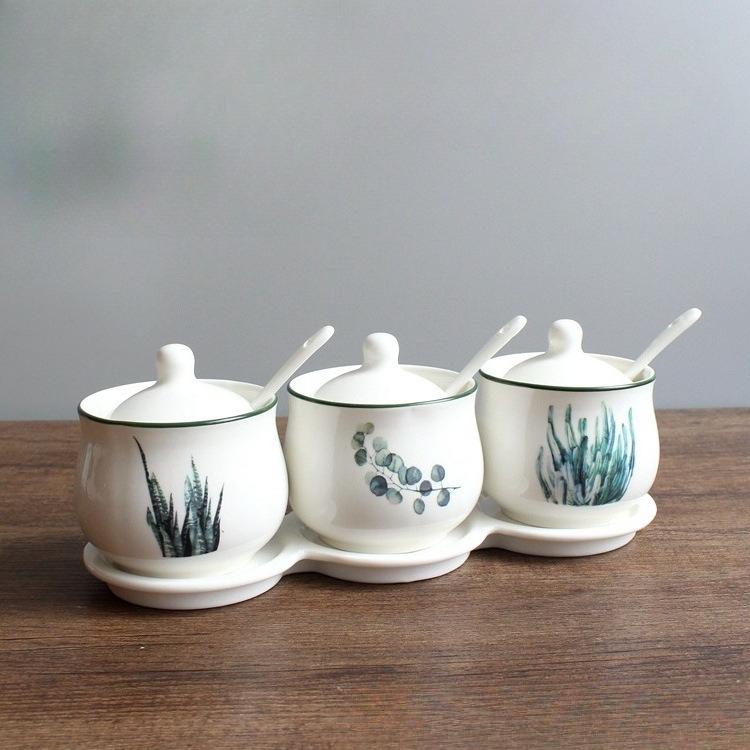 

Ceramic Seasoning Box Plant Printing With Spoon With Tray Household Seasoning Box Home Kitchen Storage Containers Decoration jar