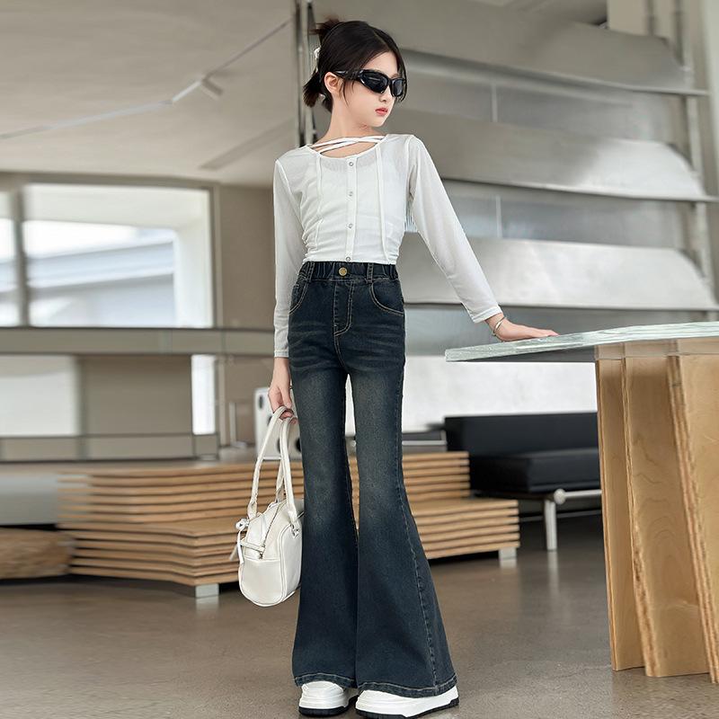 Girls' 2024 Korean Style Elastic Slim Fit Denim Flare Pants for Spring/Autumn