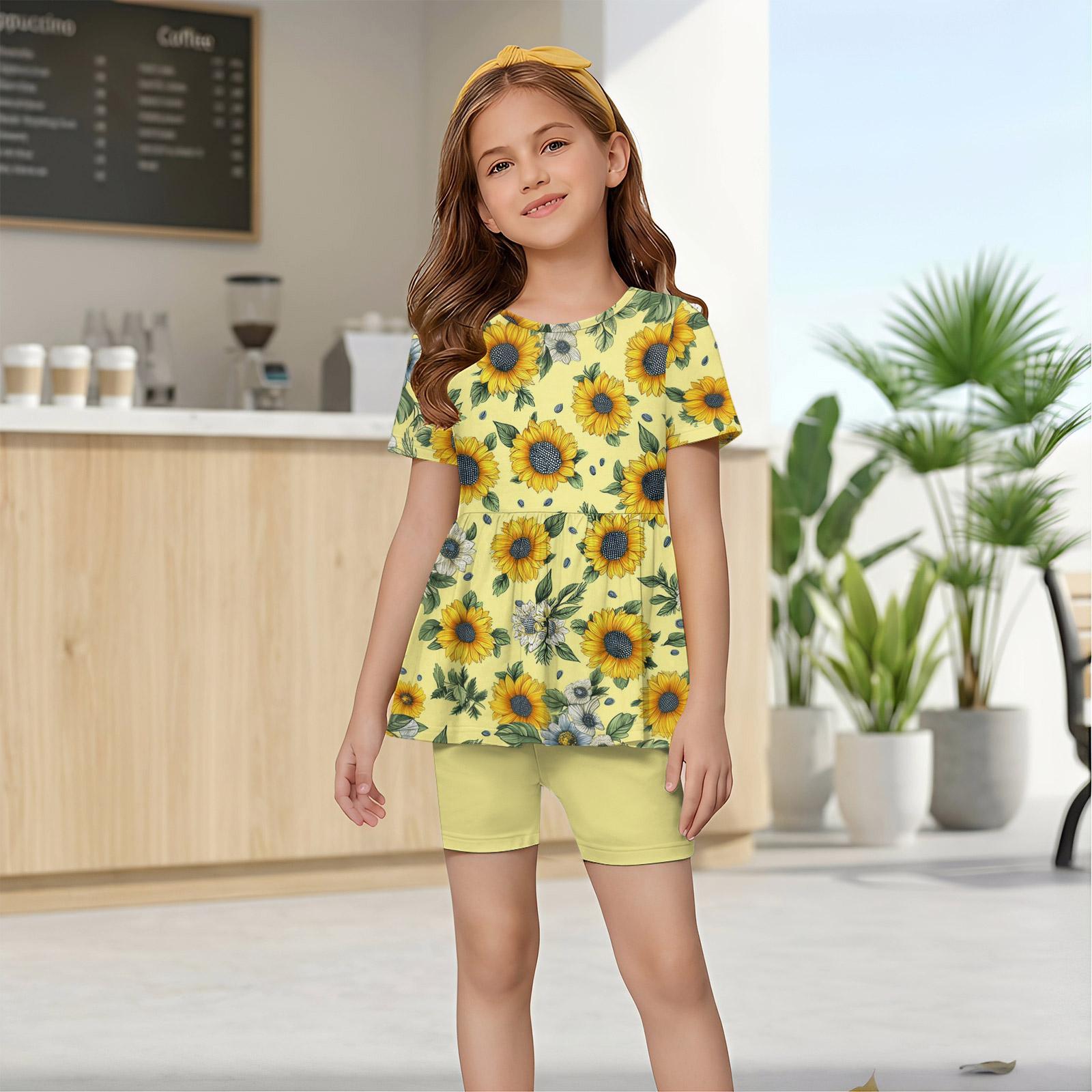 

Girls Summer Outfit Sunflower Print Short Sleeve Ruffle Hem Top and Shorts Set Soft Lightweight Two Piece Clothing for Kids 100