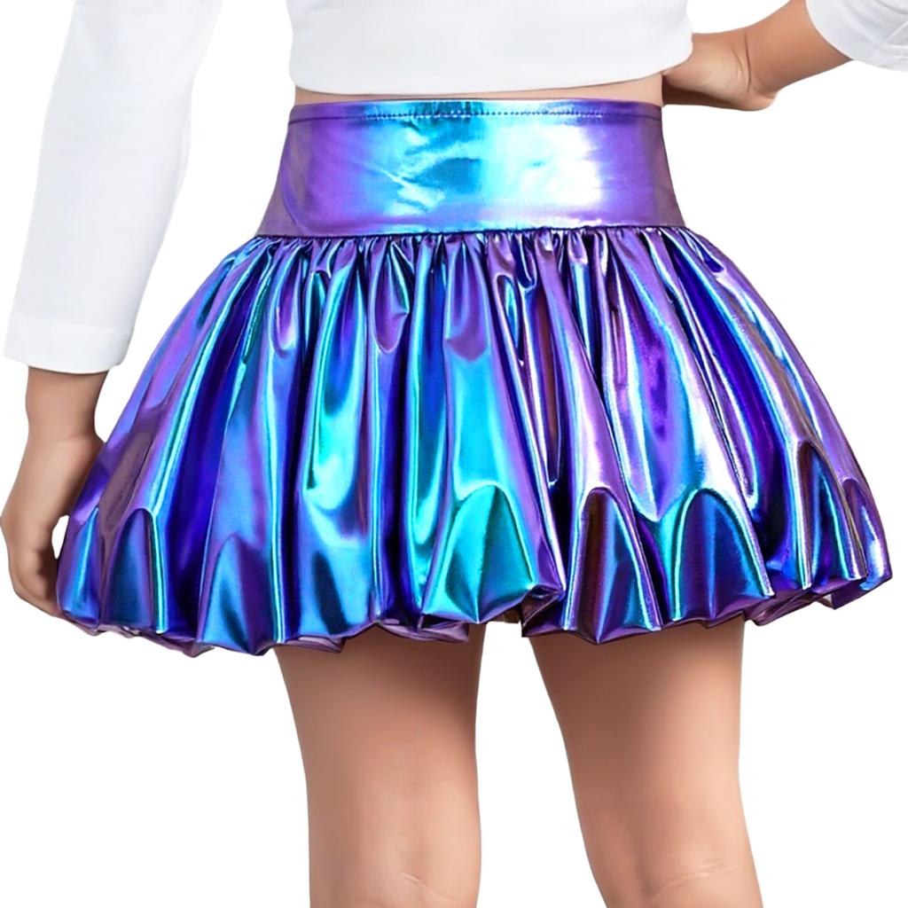 Girls Metallic Bubble Skirt Elastic Waistband Shiny Bud Skirt Sparkly Performance Costume