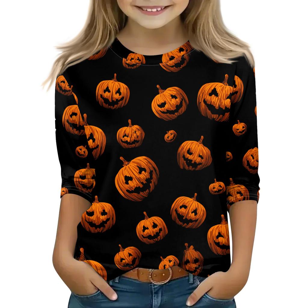 Print Tops For Youth Girls 5-16 Years Round Neck 3/4 Sleeves T-Shirts Trendy Tops Outfit Tees