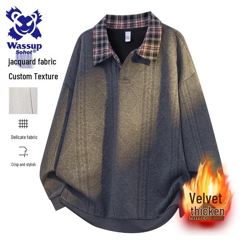 Wassup Sohot Men's American Style Color-block Lapel Fake Two-Piece Polo Sweatshirt