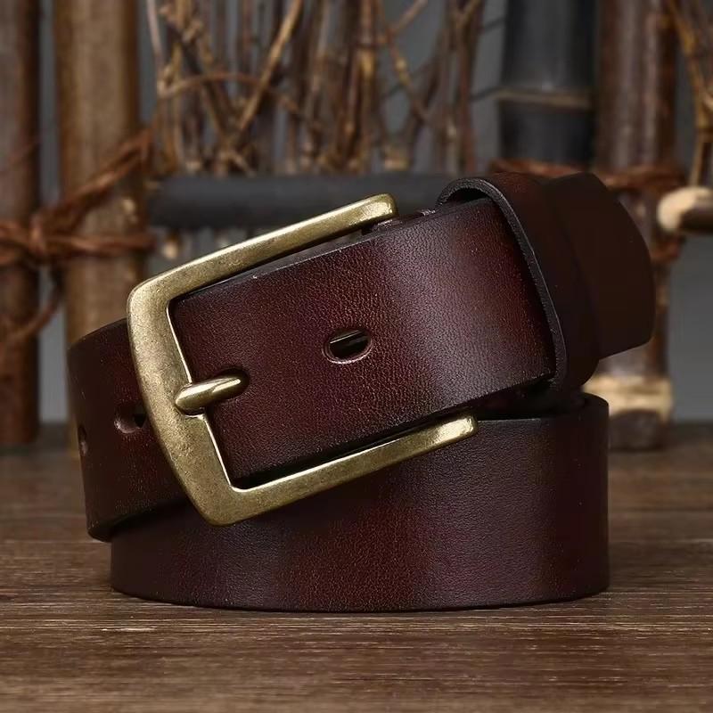 3.8CM Top Cow Genuine Leather Belts for Men Copper Buckle Fashion Style FULL GRAIN Male Belt for Jeans Cowhide Strap