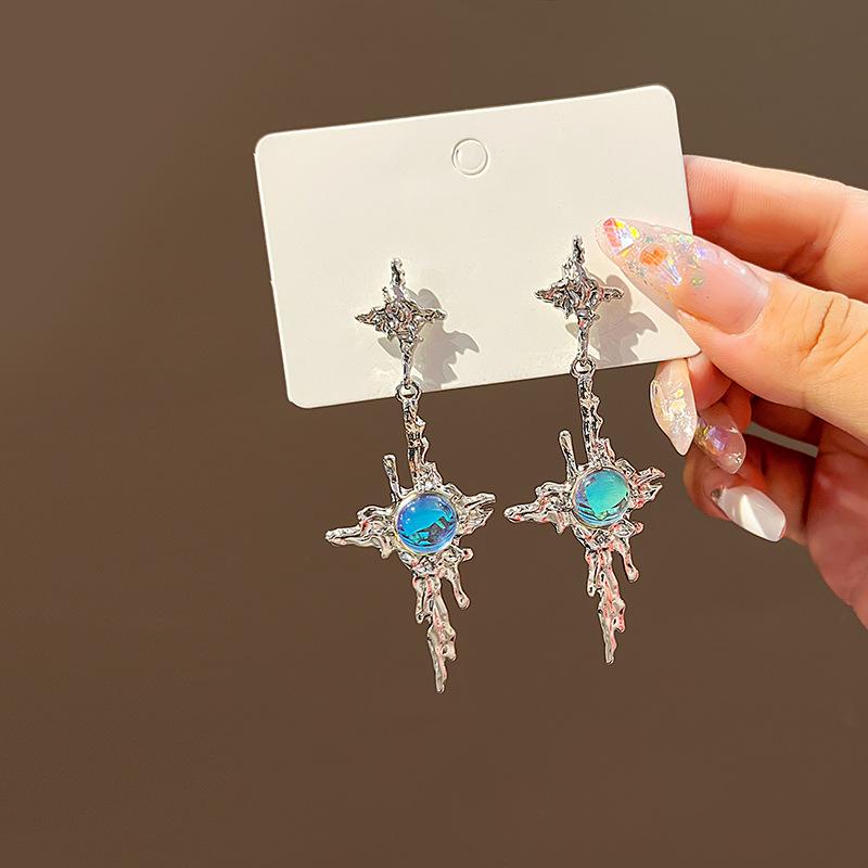 Geometric Liquid Metal Water Drop Stud Earrings Irregular Gradual Change Zircon Fringed Earrings Temperament Women