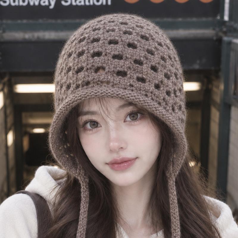 Source thick thread hollow braided lace-up pure rabbit hair knitted hat women's new retro ear protector wool hat