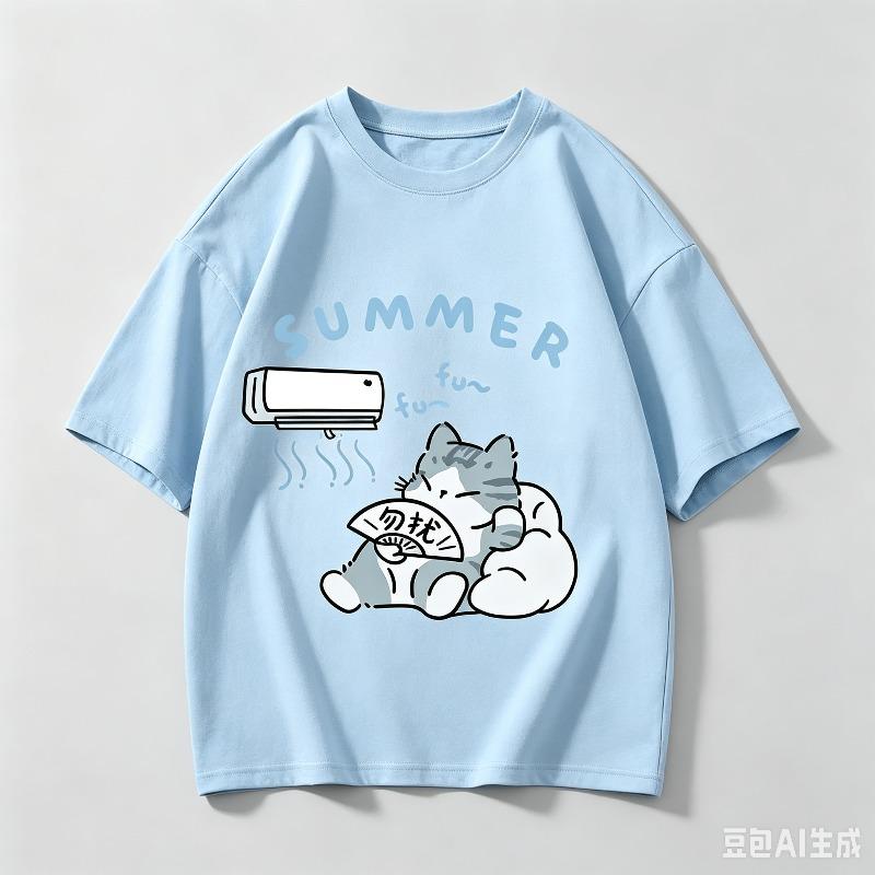 New Cotton Summer Unisex Oversize Tshirt Korean Casual Loose Style Kitten Blowing Fan Print Tshirt Suitable For Both Unisex Unisex
