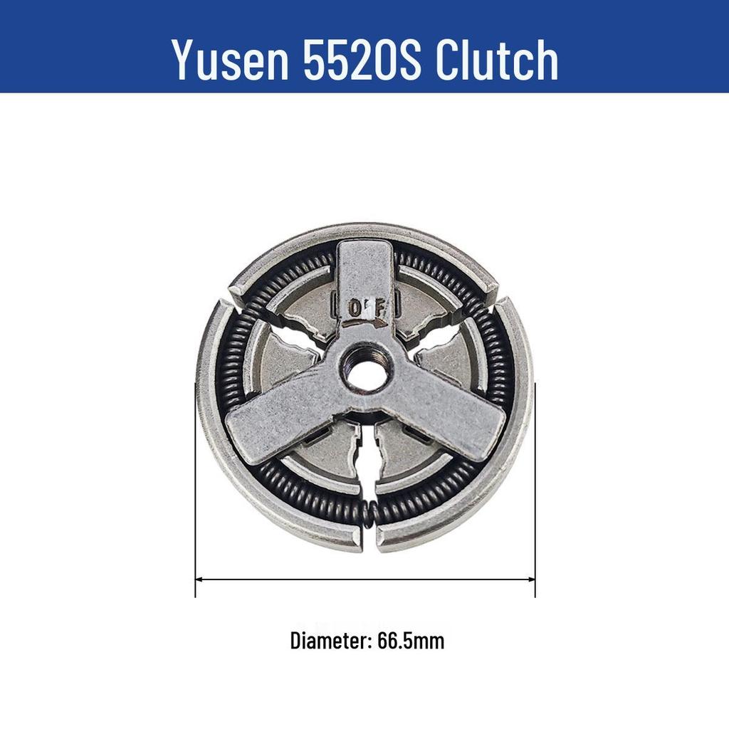 Yusen Chainsaw 5520 Parts: Cylinder, Carburetor, Clutch, Drive Disc, Pull Starter, Ignition Coil, Air Filter.