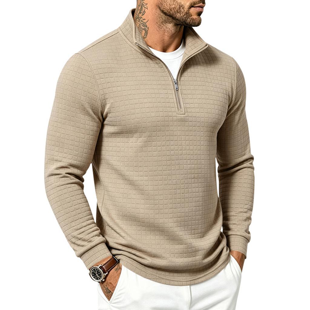Men's Casual Long Sleeve Zip Up Stand Collar Plaid Shirt
